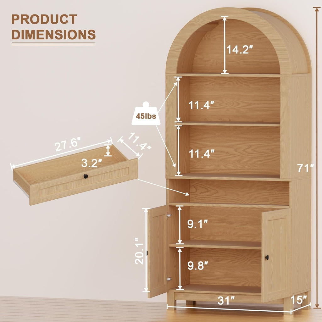 Arched Pantry Cabinet, 71" Kitchen Pantry Cabinet with Smooth Gliding Drawers and Adjustable Shelf, Wood Storage Cabinets Anti-Tipping, Modern Farmhouse for Living Room, Dining Room (Natural)