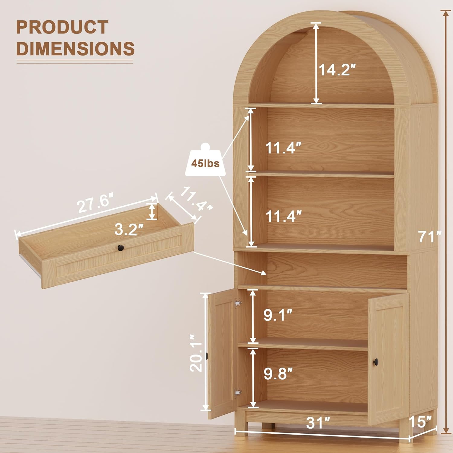 Arched Pantry Cabinet, 71" Kitchen Pantry Cabinet with Smooth Gliding Drawers and Adjustable Shelf, Wood Storage Cabinets Anti-Tipping, Modern Farmhouse for Living Room, Dining Room (Natural)