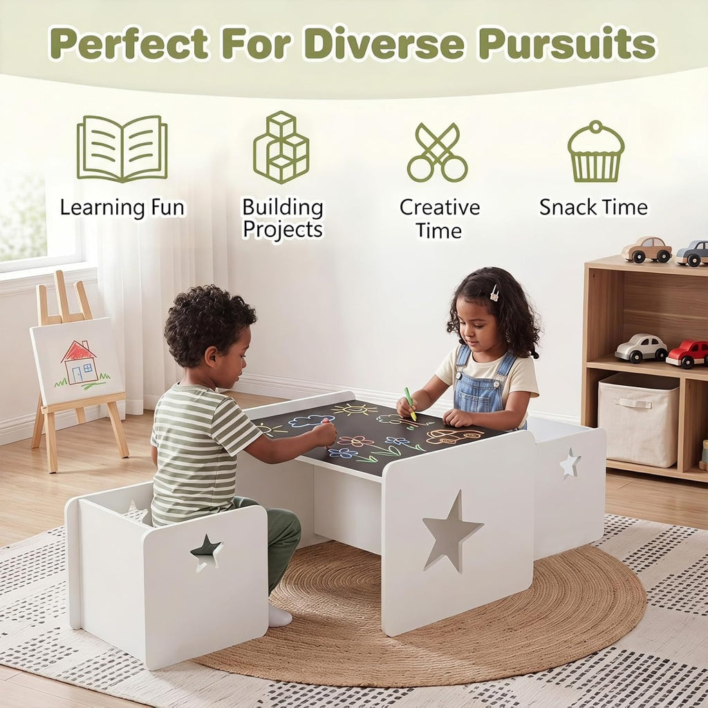 HONEY JOY Weaning Kids Table and Chair Set, Wooden Montessori Activity Table Set with Chalkboard & Reversible Tabletop, Sturdy Playroom Nursery Furniture for Ages 3+ Years Old (White, Star)