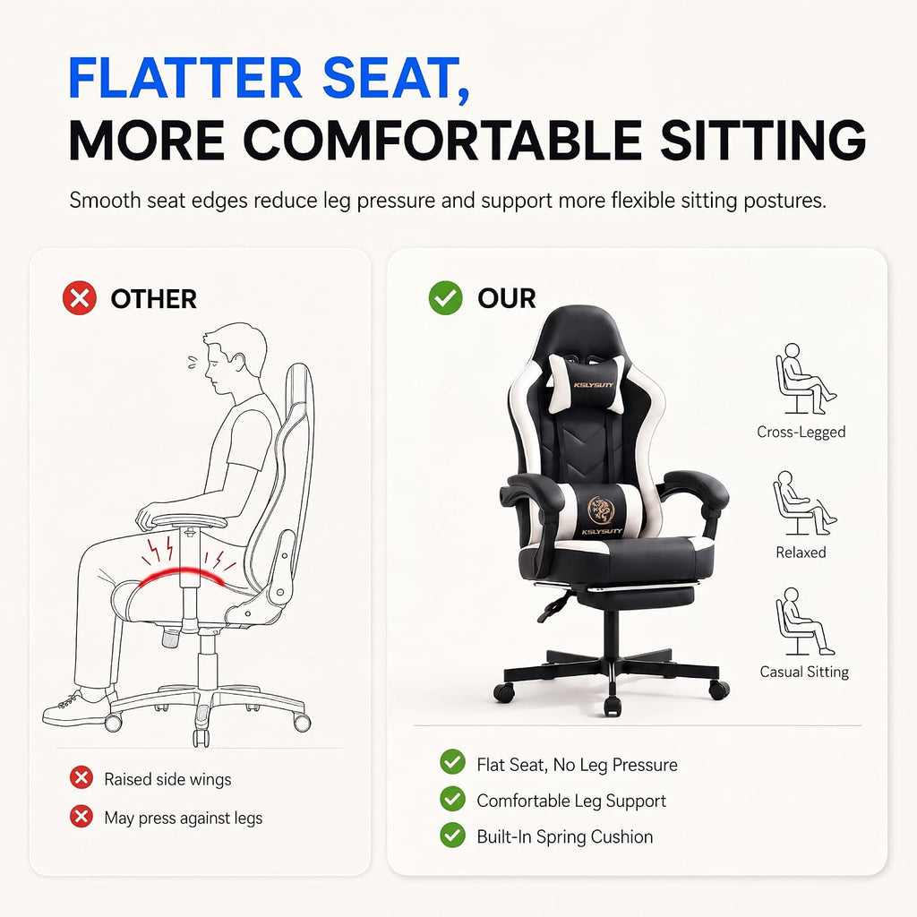 Desk Computer Gaming Chair - High Back Ergonomic Office Chair with Footrest and Lumbar Support, Swivel Comfy Home Gamer Video Game Chairs with Pocket Spring Cushion for Adults (White Leather)