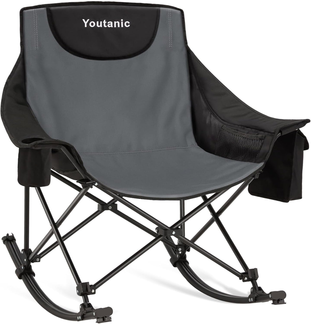 Youtanic Oversized Folding Rocking Camping Chair, Padded Portable Rocking Chair with Pockets, Cup Holder and Carry Bag, Heavy Duty Outdoor Rocker Patio Chair for Garden, Lawn, Yard, Up to 400lbs, Gray
