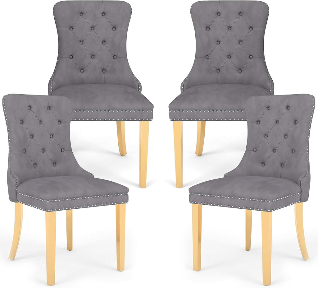 Grey Velvet Dining Chairs Set of 4, Mid Century Modern Kitchen & Dining Room Chairs, Fabric Tufted Dinning Chairs, Velvet Upholstered, Wing Back, Pull Ring, Stainless Steel Legs, Gold
