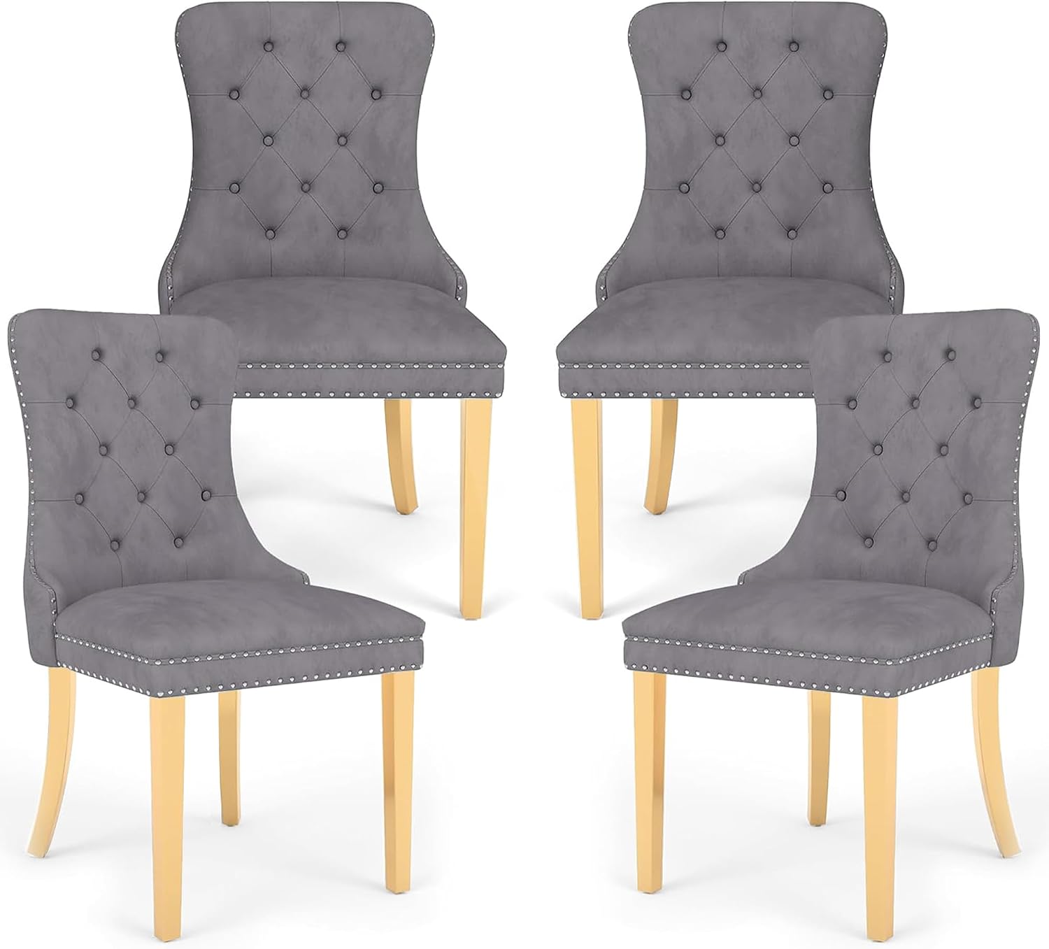 Grey Velvet Dining Chairs Set of 4, Mid Century Modern Kitchen & Dining Room Chairs, Fabric Tufted Dinning Chairs, Velvet Upholstered, Wing Back, Pull Ring, Stainless Steel Legs, Gold