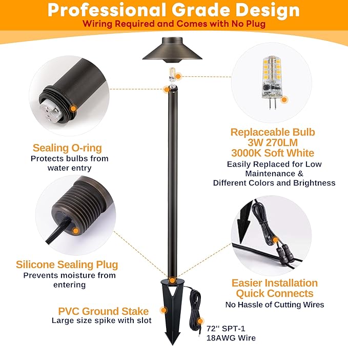 Brass Low Voltage Path Lights, 12V Landscaping Pathway Light IP65 Waterproof, Wired Walkway Lighting Outdoor, LED Bronze for Lawn Backyard with 3W 3000K Soft White G4 Bulb (12 Pack)