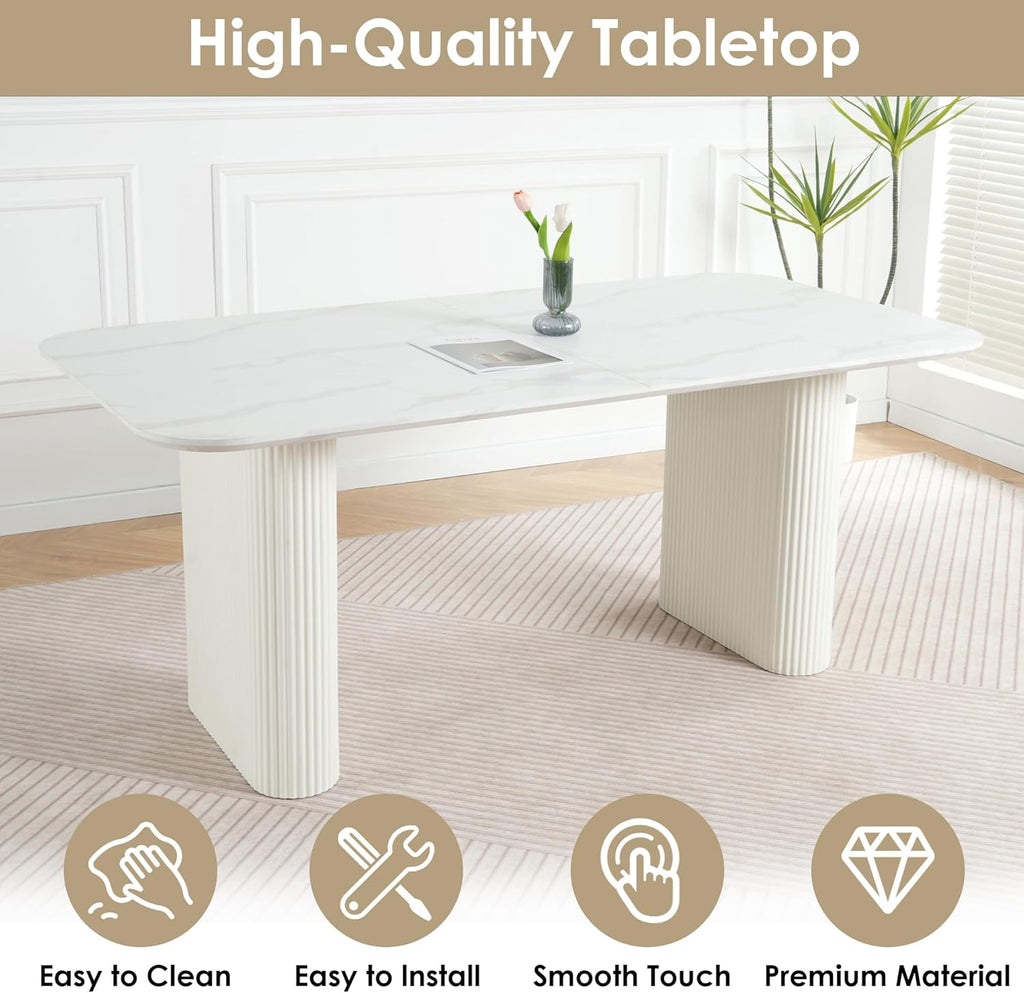 Oval Dining Table for 4-8 People, 70" Long Large Kitchen Table with Thick Sturdy Ripple Legs, Modern Spacious Rectangle Accent Dining Room Table for Dining Room/Kitchen/Apartment (Faux Marble&White)