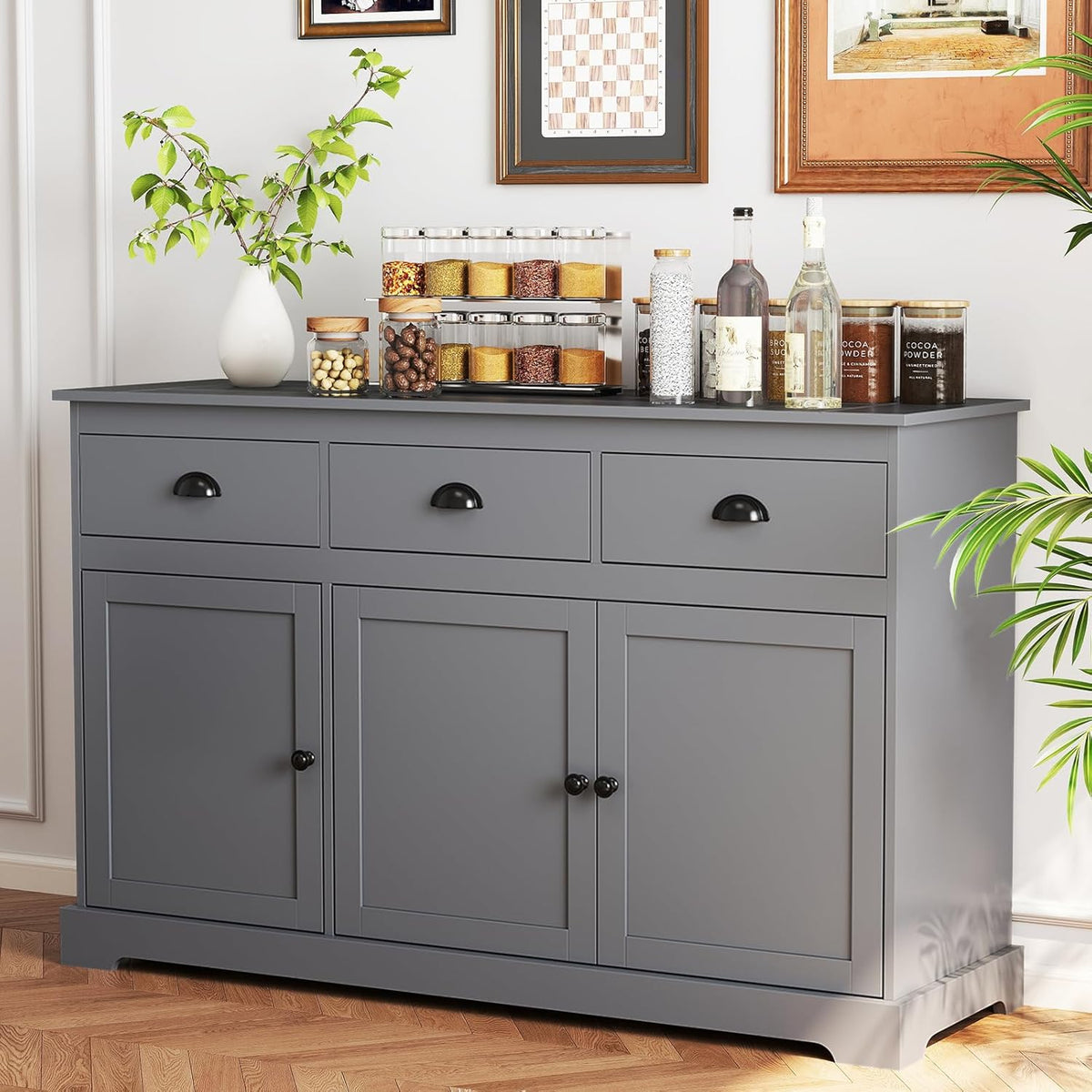 Sideboard Buffet Cabinet with Storage, 53.5” Large Kitchen Cupboard with 3 Drawers, Adjustable Shelf, Credenzas for Living Room, Wooden Coffee Bar Console Table for Dining Room (Grey)