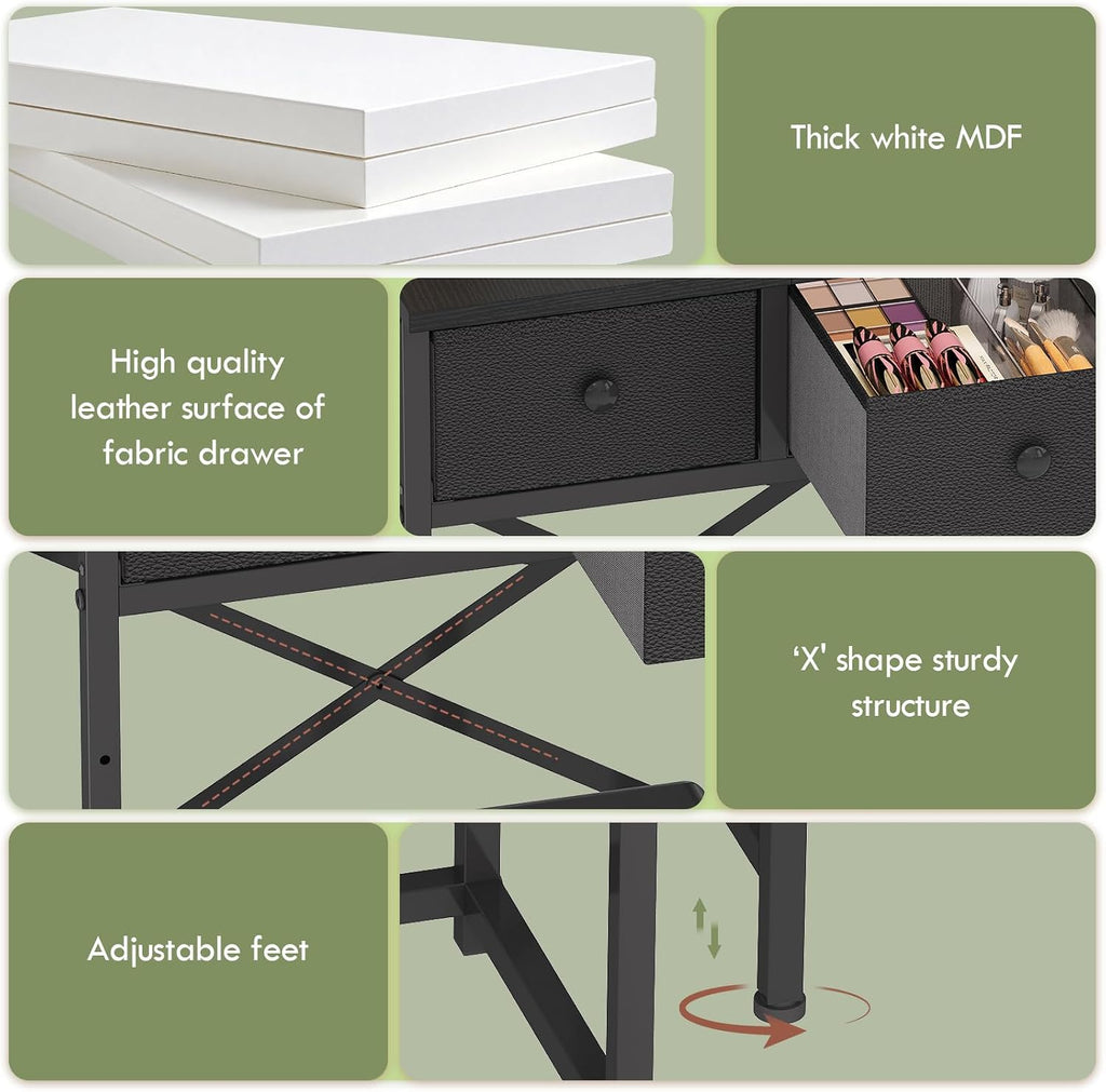 X-cosrack Small Black Makeup Vanity Desk 19.7''W with Adjustable Mirror and Chair, Space-Saving Vanity Table with 2 Fabric Drawers 2 Opening Shelves for Girls Gifts, Bedroom, Small Spaces, Black