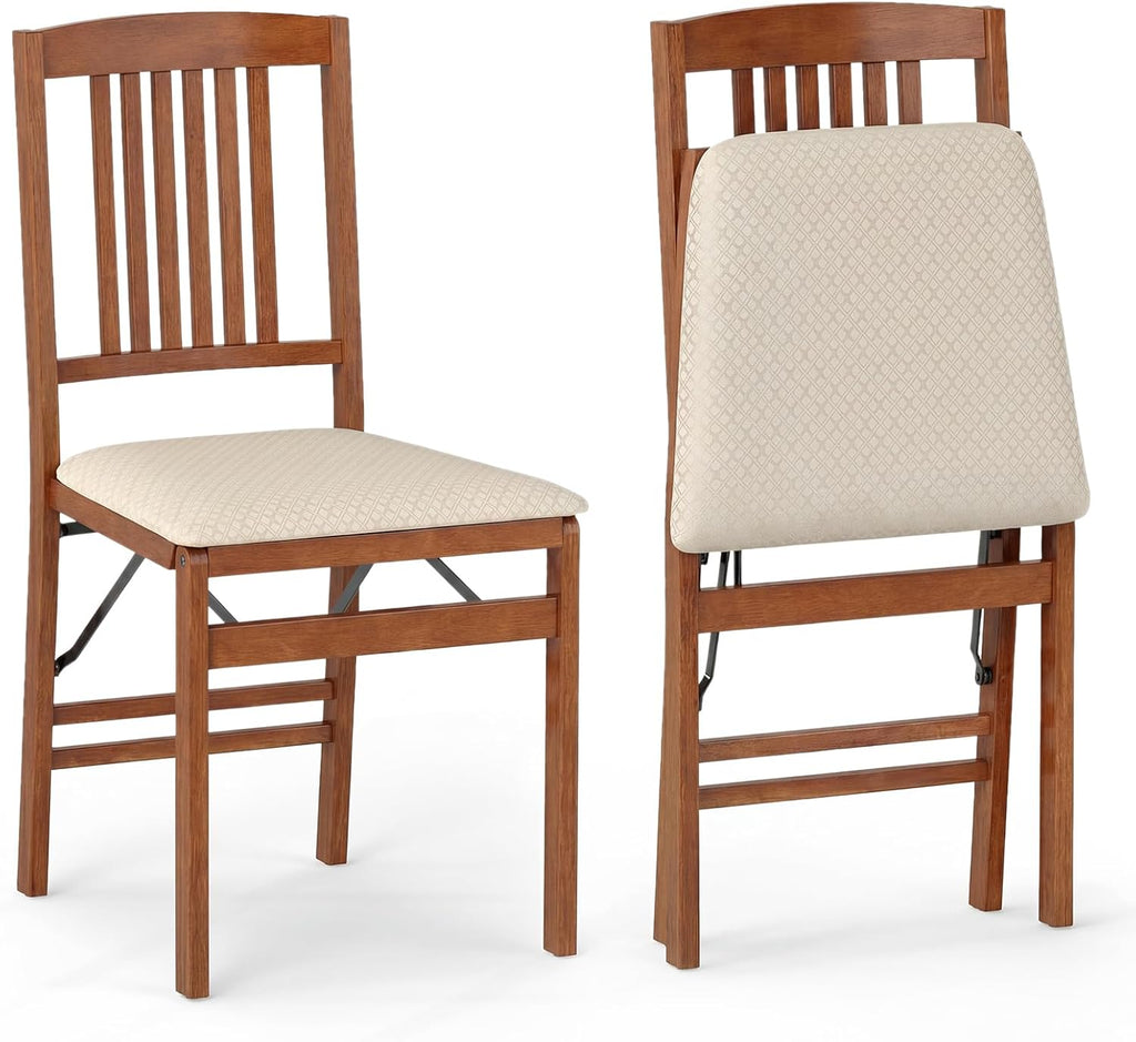 Giantex Folding Dining Chairs Set of 2, Foldable Wood Kitchen Chairs with Padded Seat, Max Load 420 Lbs, No Assembly, Wooden Dining Room Chair, Armless Side Chair for Home Apartment, Fruitwood & Beige