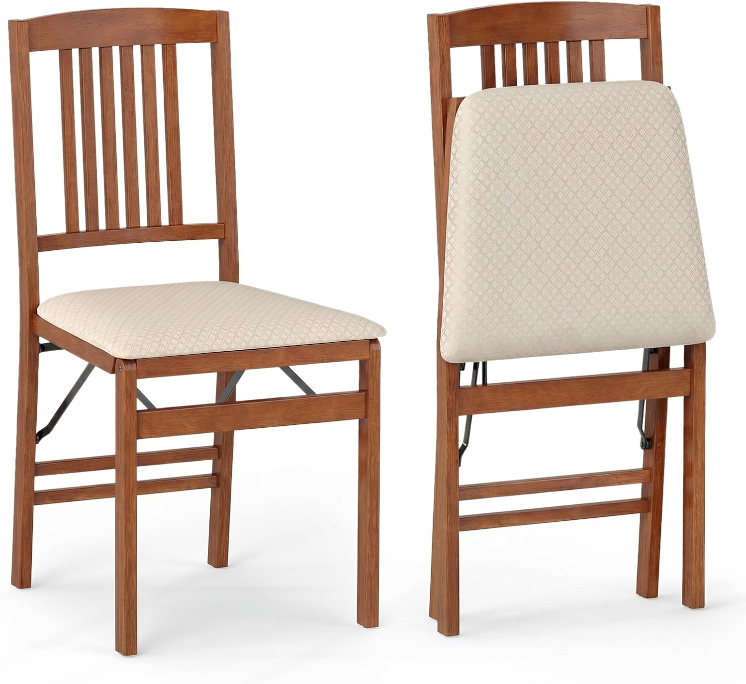 Giantex Folding Dining Chairs Set of 2, Foldable Wood Kitchen Chairs with Padded Seat, Max Load 420 Lbs, No Assembly, Wooden Dining Room Chair, Armless Side Chair for Home Apartment, Fruitwood & Beige