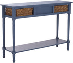 SAFAVIEH Home Collection - Christa Entryway Console Table, Blue Solid Wood 3-Drawer Storage Sofa Table with Rattan Baskets (AMH5737H)