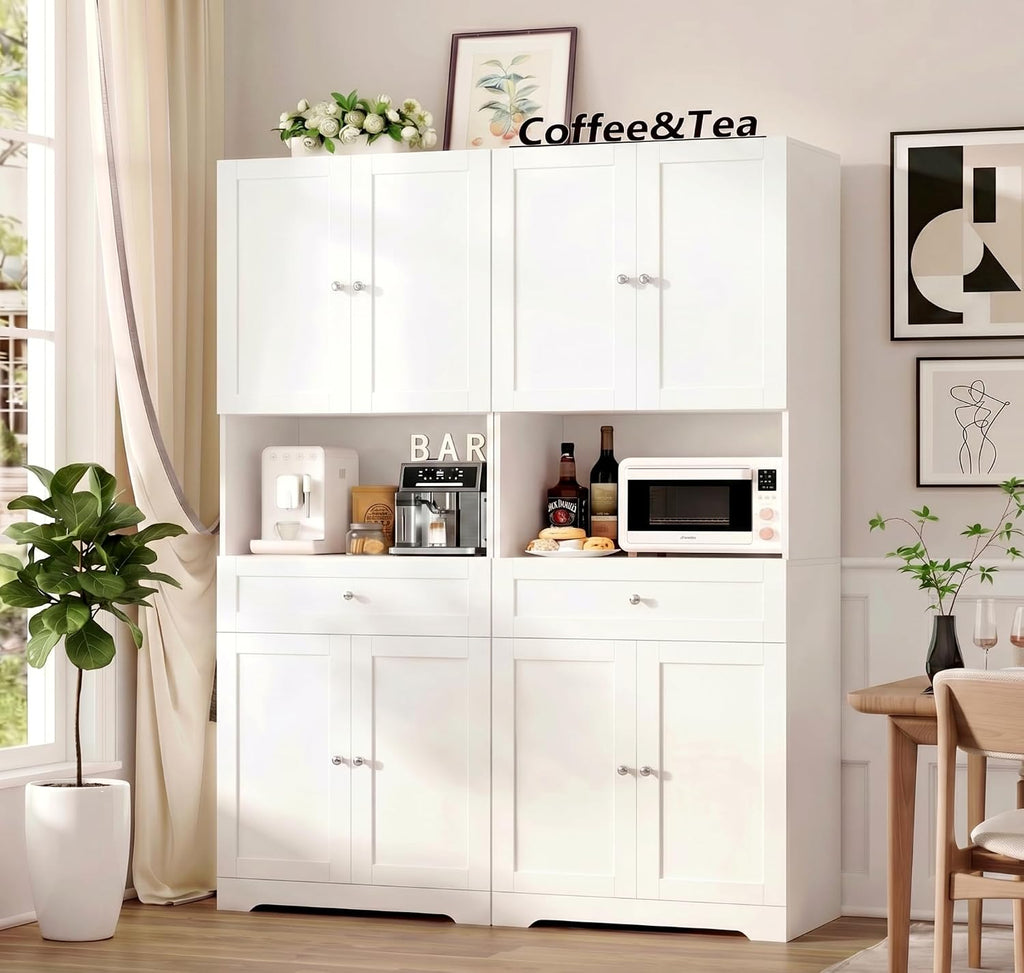 Set of 2 Tall Kitchen Pantry Storage Cabinet with Doors and Shelves, White | Modern Kitchen Hutch Cabinet with Storage Drawer & Bar Cabinet, 67” Cupboard Furniture Set for Kitchen and Dining Living Room