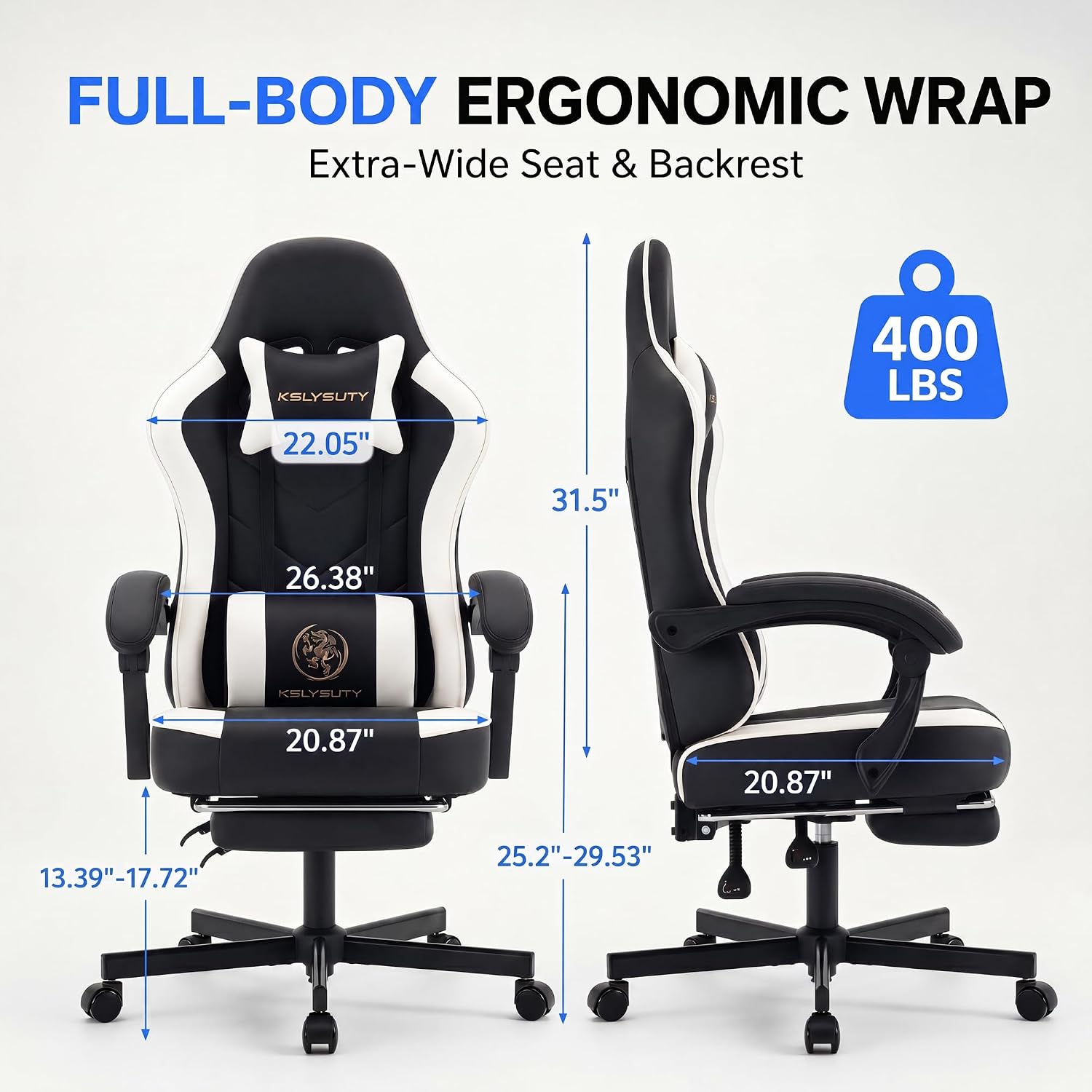 Desk Computer Gaming Chair - High Back Ergonomic Office Chair with Footrest and Lumbar Support, Swivel Comfy Home Gamer Video Game Chairs with Pocket Spring Cushion for Adults (White Leather)