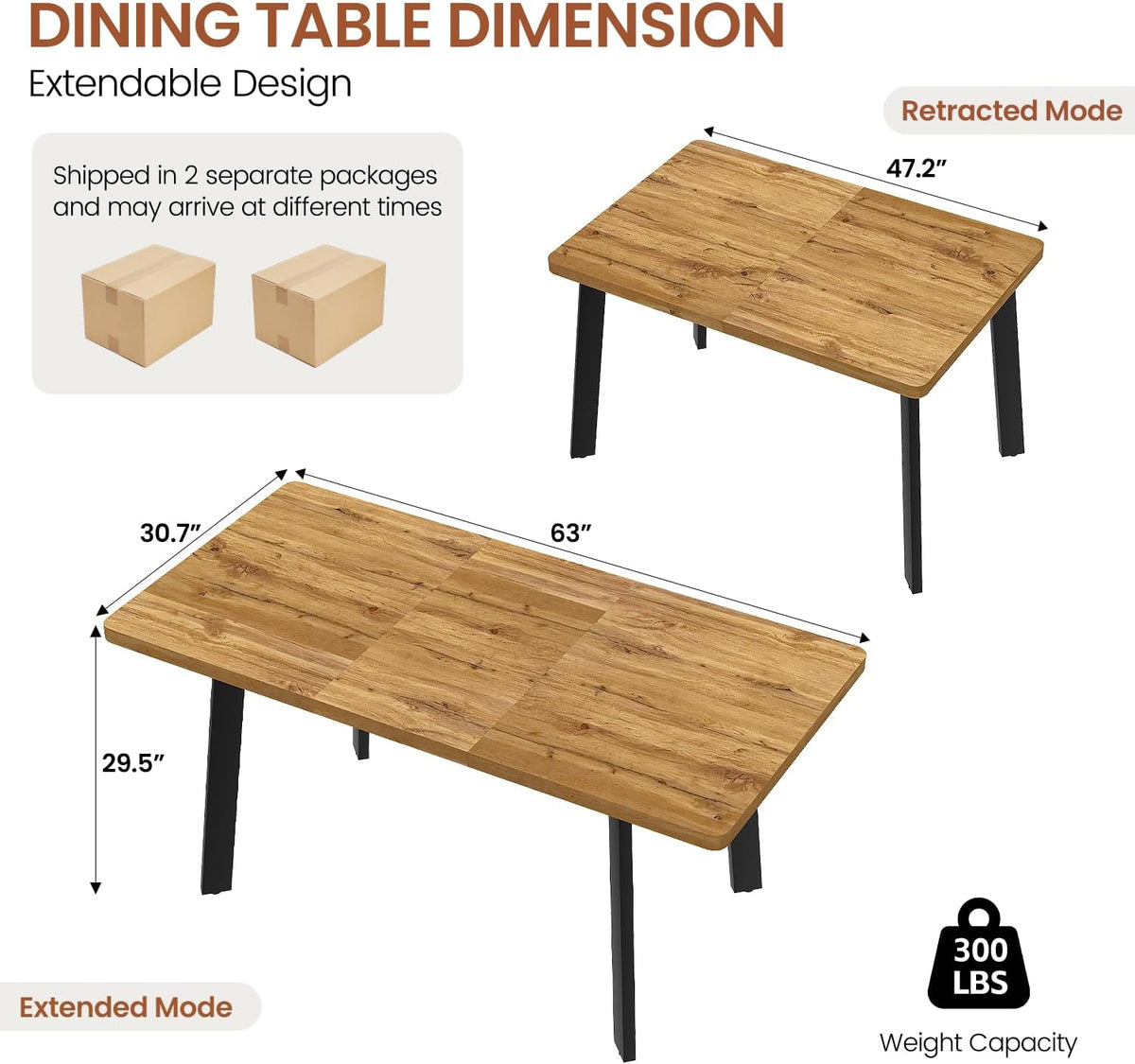 Extendable Dining Table for 4 to 8 People, 47.2" to 63" Modern Kitchen Table with Removable Extension Leaf, MDF Expandable Dining Room Table Compact for Small Spaces, Walnut