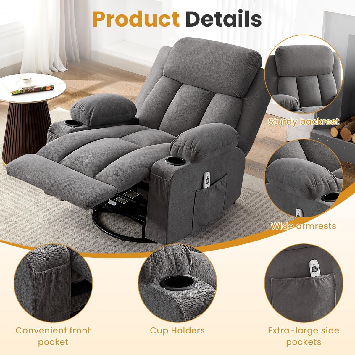 Swivel Rocker Recliner Chair with Vibration Massage & Lumbar Heating, Ergonomic Lounge Chair for Living Room, Rocking Function, Side Pocket, 2 Cup Holders, USB Charging Port
