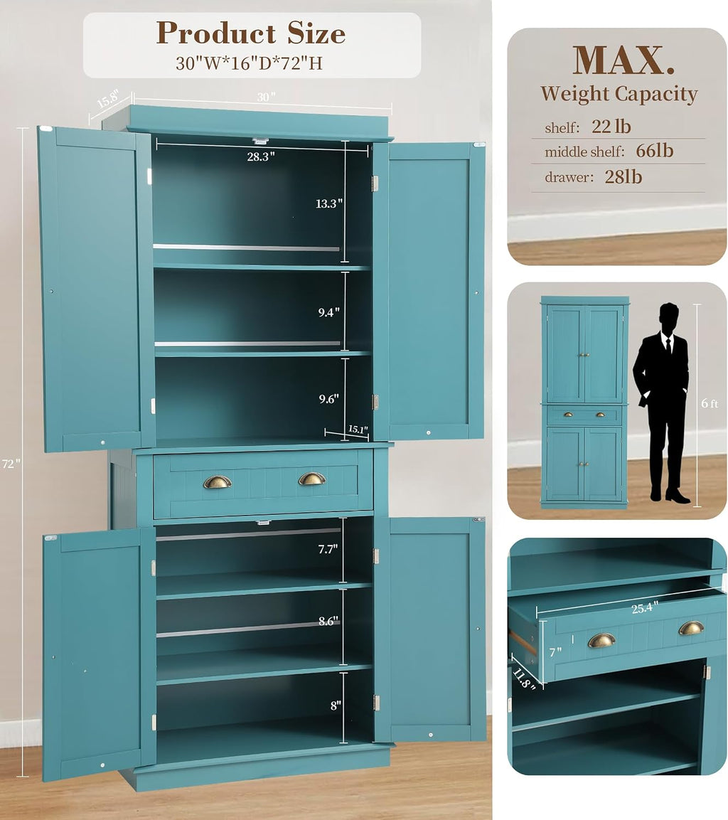 KIGOTY 72" Tall Kitchen Pantry Cabinet with Drawer and 4 Adjustable Shelves, Freestanding Pantry Storage Cabinets, Wood Cupboard Pantry Cabinet for Kitchen, Dining Room, Living Room, Turquoise