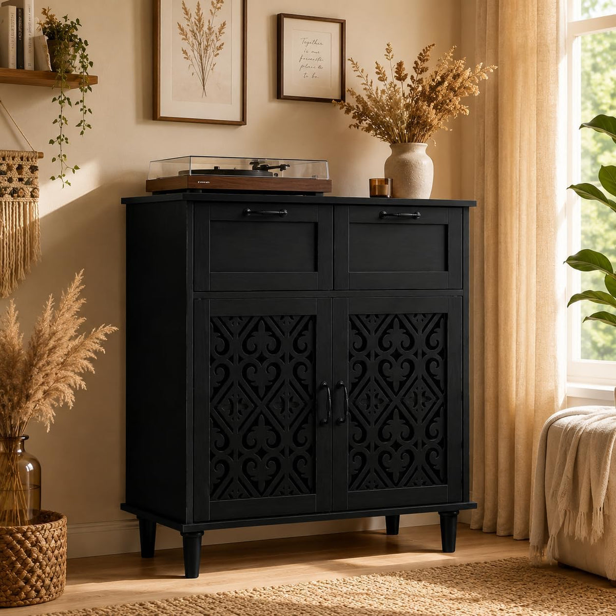Sideboard Cabinet with 2 Doors & 2 Drawers - Adjustable Storage Console Table for Living Room, Bathroom - Modern Farmhouse Storage Cabinet with Black Handles
