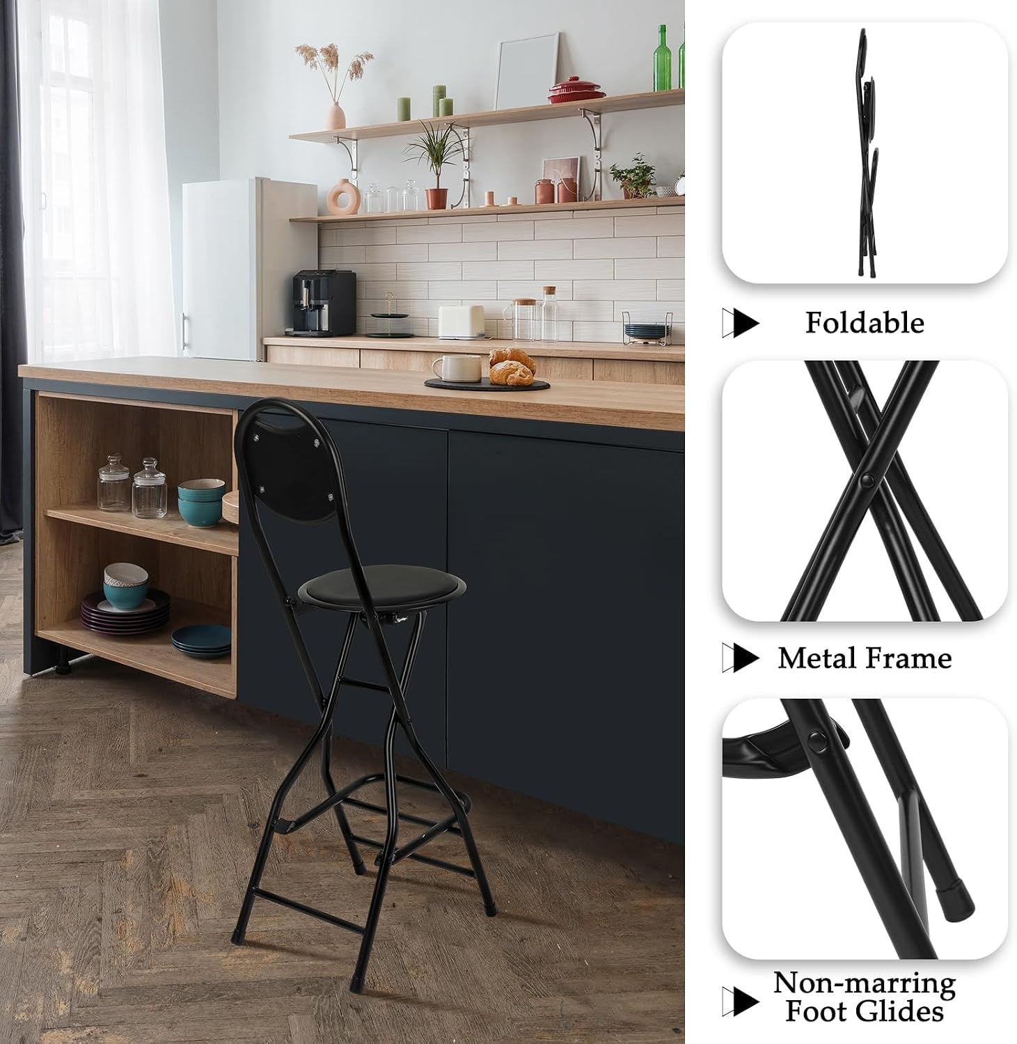 Sintuff 1 Pcs Seat Height 26 Inch Folding Bar Stool with Backrest Leather Padded Collapsible Stools for Adults Portable Black Bar Height Folding Chairs for Outdoor Indoor Kitchen Shop Cafe