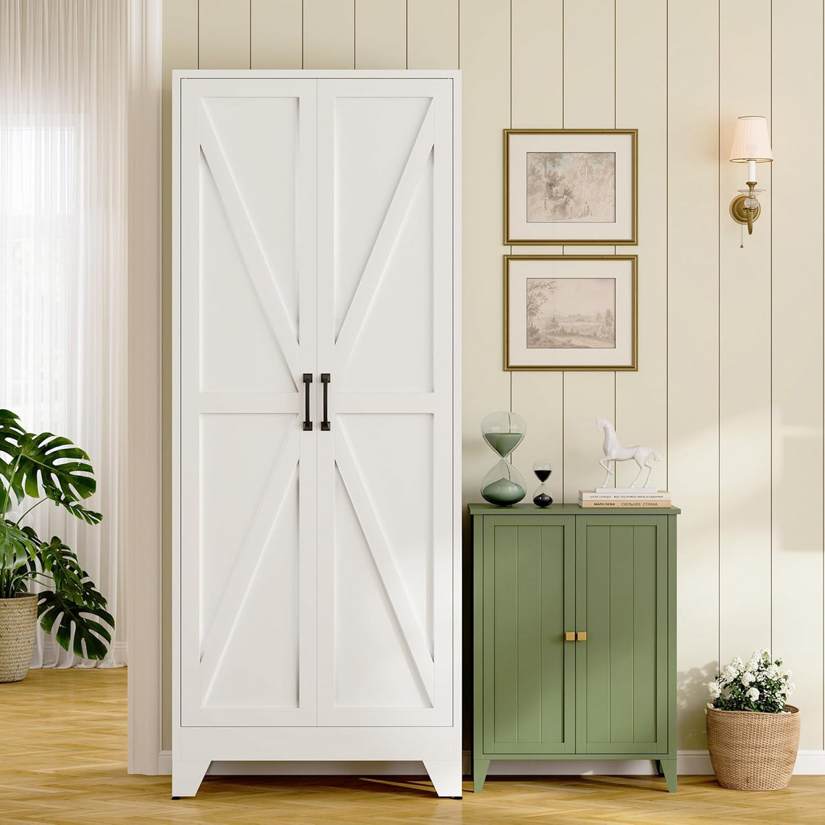 RAVIGIN Farmhouse Storage Cabinet,75" H Metal Pantry Cabinet with Barn Doors and Adjustable Shelves,75" H 6-Tier Rustic Pantry Organizers for Kitchen,Dining Room,White