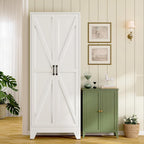 RAVIGIN Farmhouse Storage Cabinet,72" H Metal Pantry Cabinet with Barn Doors and Adjustable Shelves,72" H 6-Tier Rustic Pantry Organizers for Kitchen,Dining Room,White