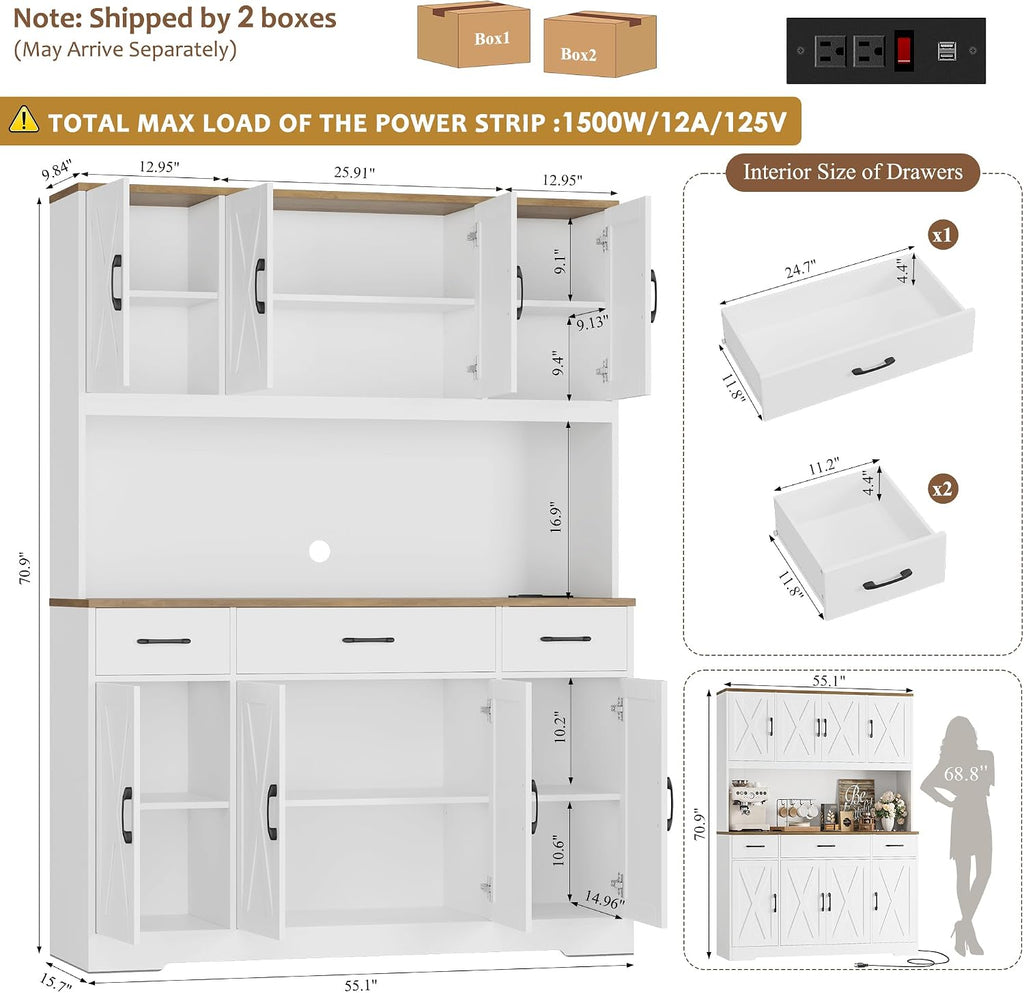 HOSTACK 71" Tall Kitchen Pantry Storage Cabinet, 55" W Kitchen Hutch, White | Large Pantry Cabinet with Charging Station / Countertop / 3 Drawers, Farmhouse Hutch Cabinet with Storage for Dining Room