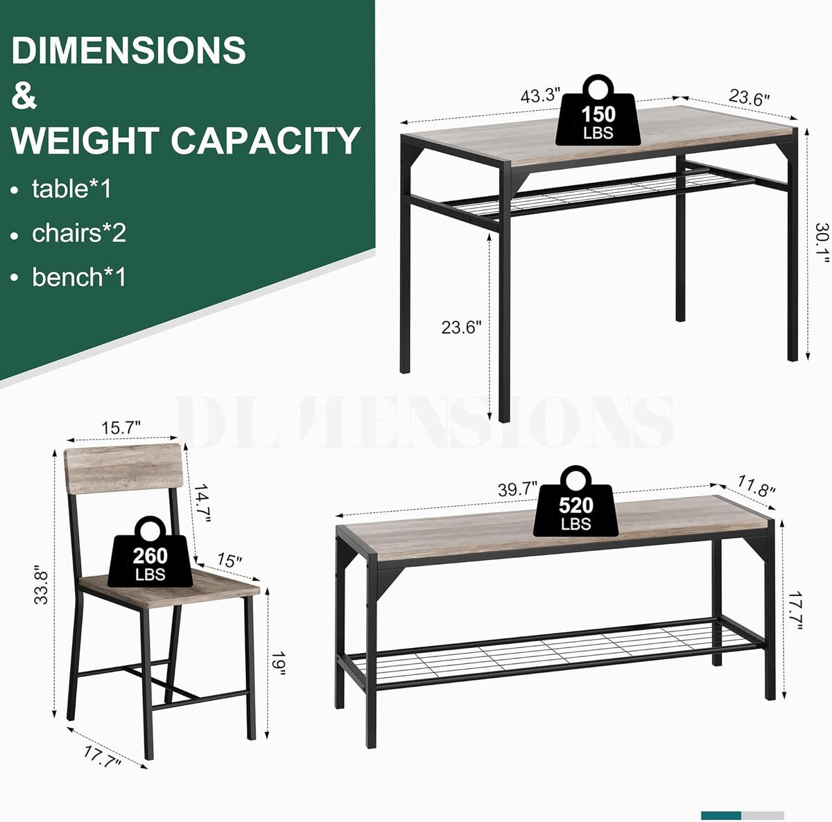 Shintenchi Kitchen Table Chairs Set of 4 with Bench and Chairs, Oak Gray | Dining Table Set for 4, 4 Pieces Kitchen Table Set, Storage Rack & Metal Frame, for Small Space, Upgrated Leg Support