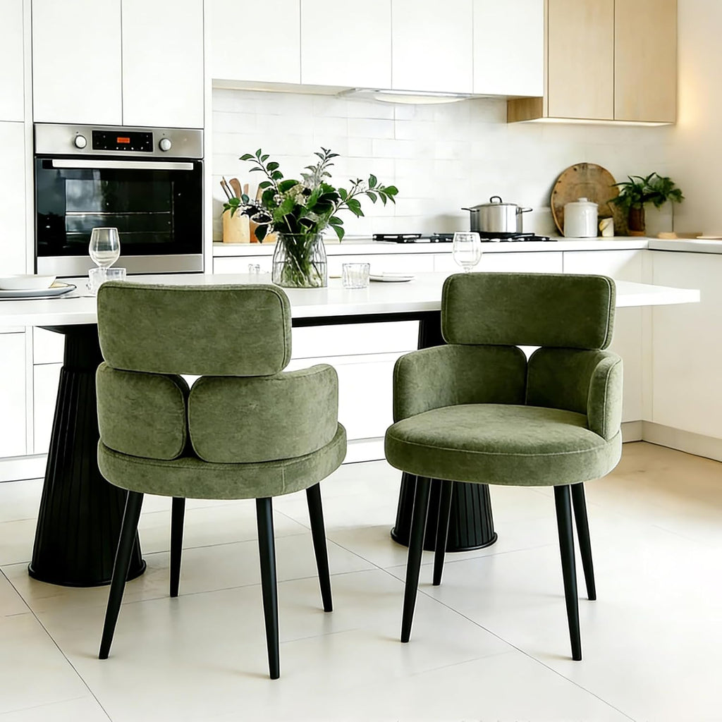 Accent Dining Chair with Arms,Set of 2 Modern Upholstered Desk Chair with Soft Fabric Black Metal Legs, Comfy Spacious Seat & Back for Dining Room/Living Room/Bedroom, Green