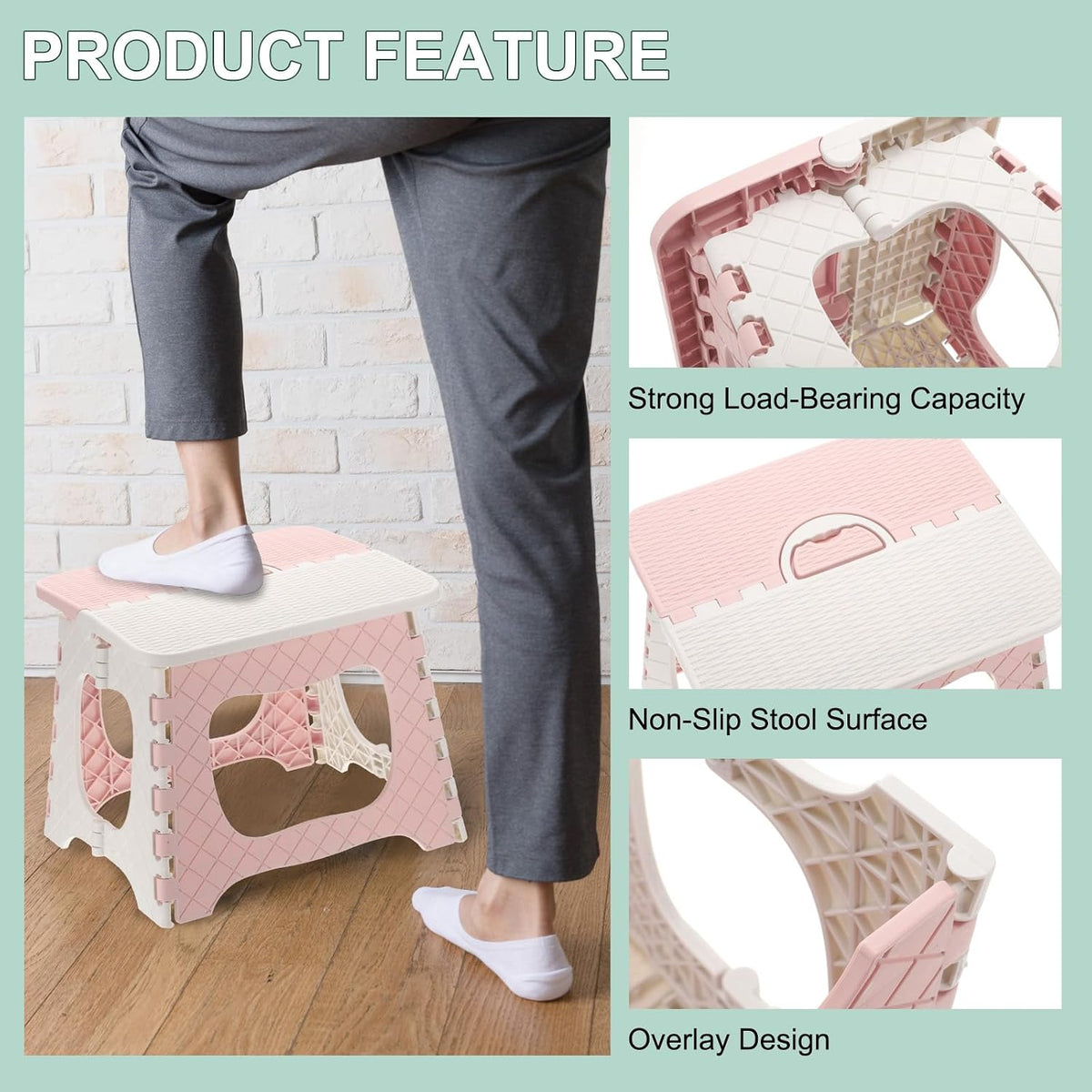 uxcell 9" Folding Step Stool for Adults 275 lbs Capacity Non-Slip Step Stool with Handle Collapsible Foot Stools, Pink Small Stepping Stool for Bathroom, Bedroom, Kitchen