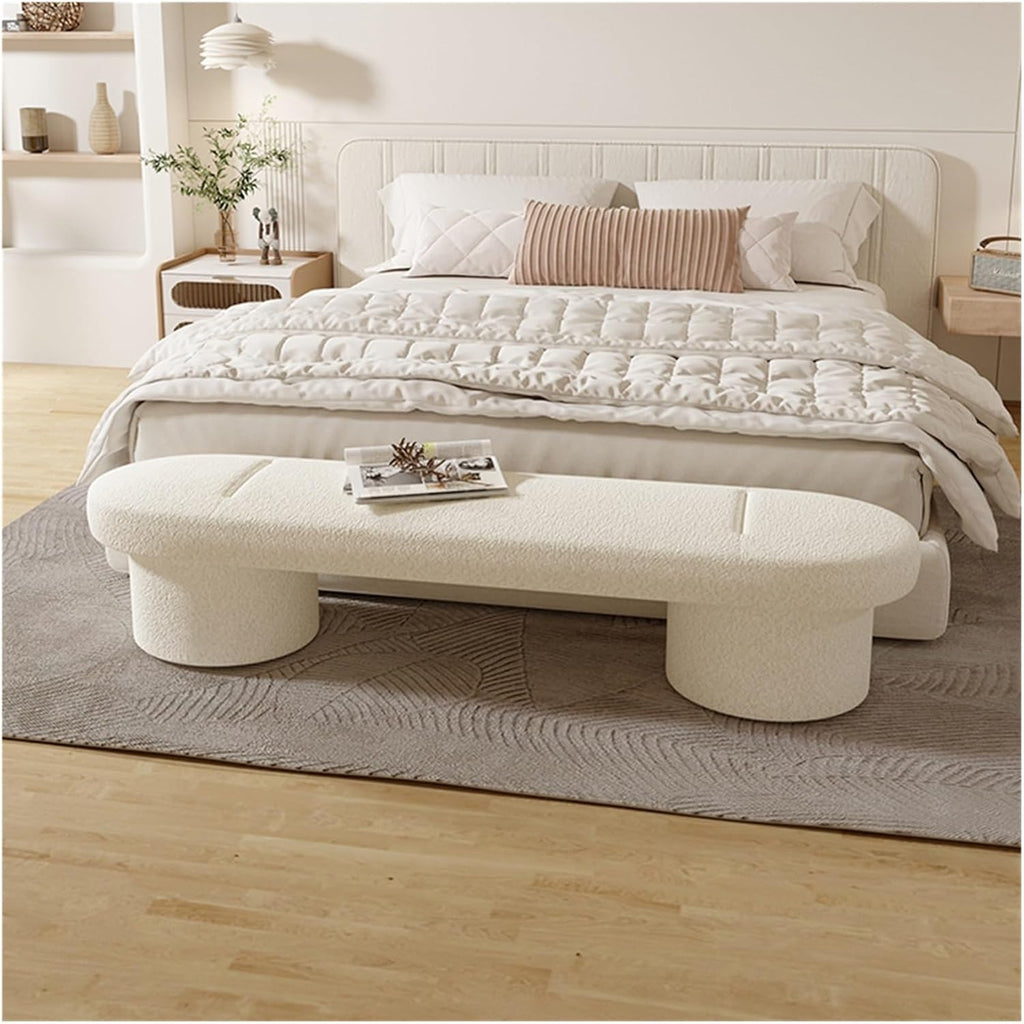 Modern Lamb's Wool Upholstered Bedroom Benches, Modern Tufted Ottoman Stool for Doorway, Living Room, Lock Entryway(White,120 * 40 * 45cm)