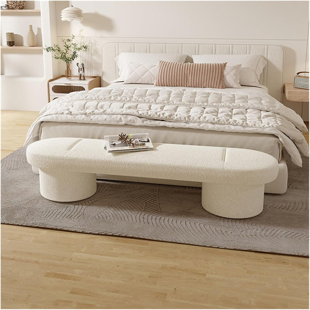 Modern Lamb's Wool Upholstered Bedroom Benches, Modern Tufted Ottoman Stool for Doorway, Living Room, Lock Entryway(White,120 * 40 * 45cm)