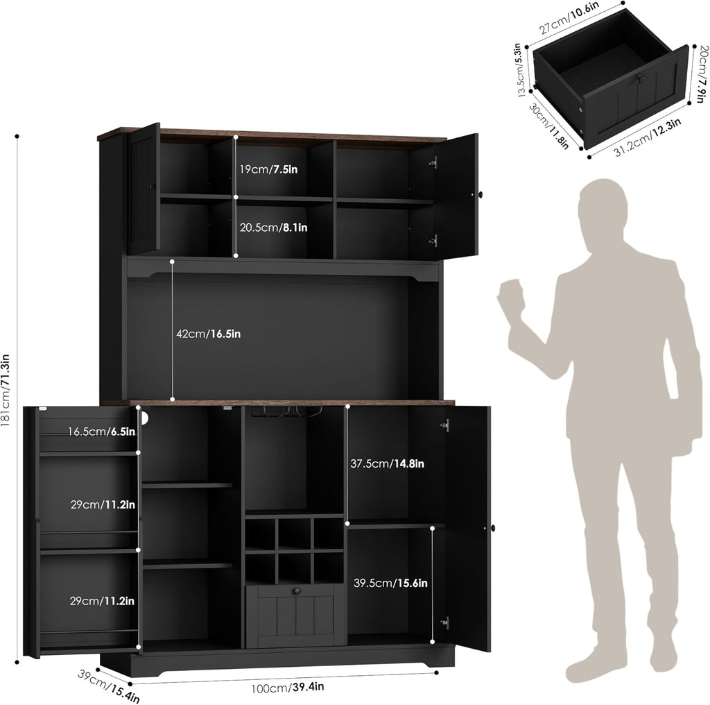 FINETONES 71" Kitchen Pantry Cabinet with LED Light and Charging Station | 71" Pantry Cabinet with Microwave Stand, Kitchen Hutch Food Storage Cabinet with Outlet and Wine Racks, Black