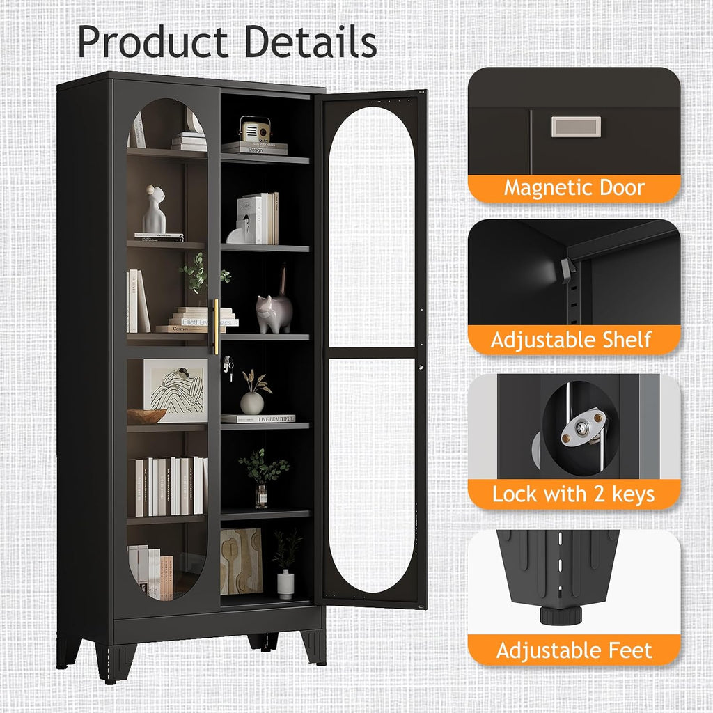 PAOFIN 75" H Locking Display Cabinet with Glass Door, Metal Curio Cabinets with 5 Adjustable Shelves, Tall Liquor Cabinet Display Case for Living Room, Wine, Clinic, Home - Assembly Required Black