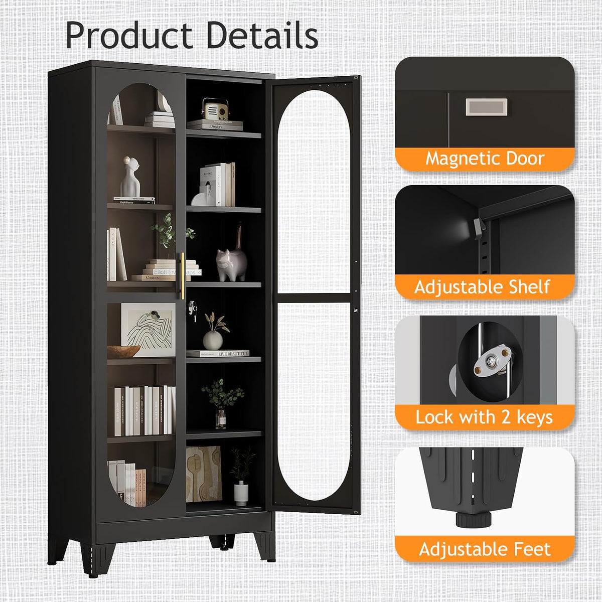 PAOFIN 75" H Locking Display Cabinet with Glass Door, Metal Curio Cabinets with 5 Adjustable Shelves, Tall Liquor Cabinet Display Case for Living Room, Wine, Clinic, Home - Assembly Required Black