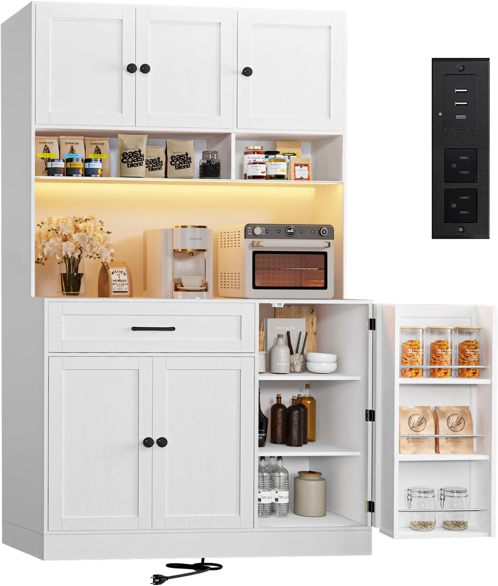 FJTJBSI 72" Kitchen Pantry Cabinet with Charging Station and LED Light Tall Pantry Storage Cabinet with Adjustable Shelves Freestanding Kitchen Hutch with Countertop for Dining Room White