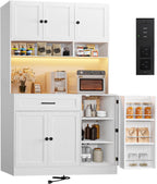 FJTJBSI 72" Kitchen Pantry Cabinet with Charging Station and LED Light Tall Pantry Storage Cabinet with Adjustable Shelves Freestanding Kitchen Hutch with Countertop for Dining Room White