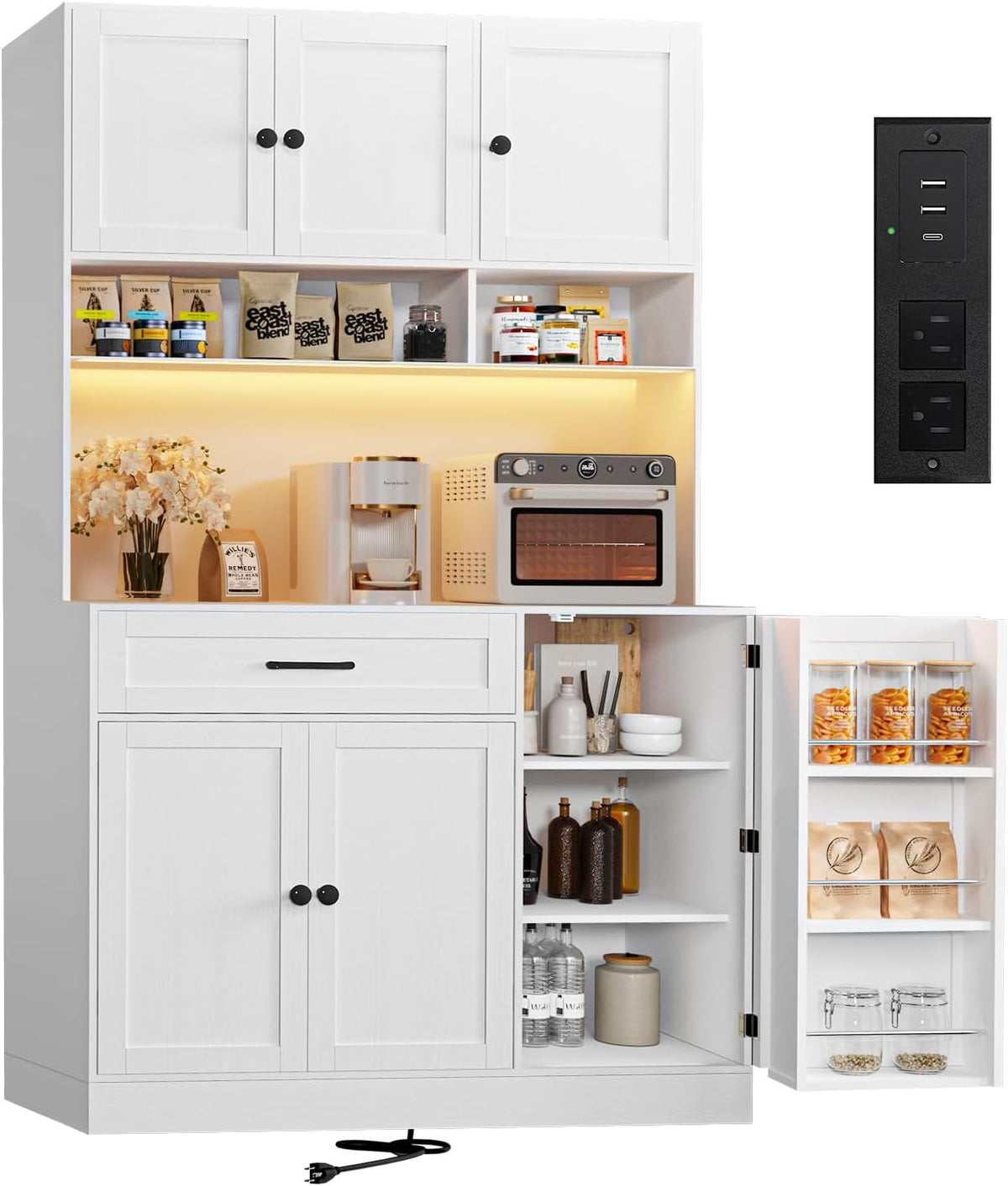 FJTJBSI 72" Kitchen Pantry Cabinet with Charging Station and LED Light Tall Pantry Storage Cabinet with Adjustable Shelves Freestanding Kitchen Hutch with Countertop for Dining Room White