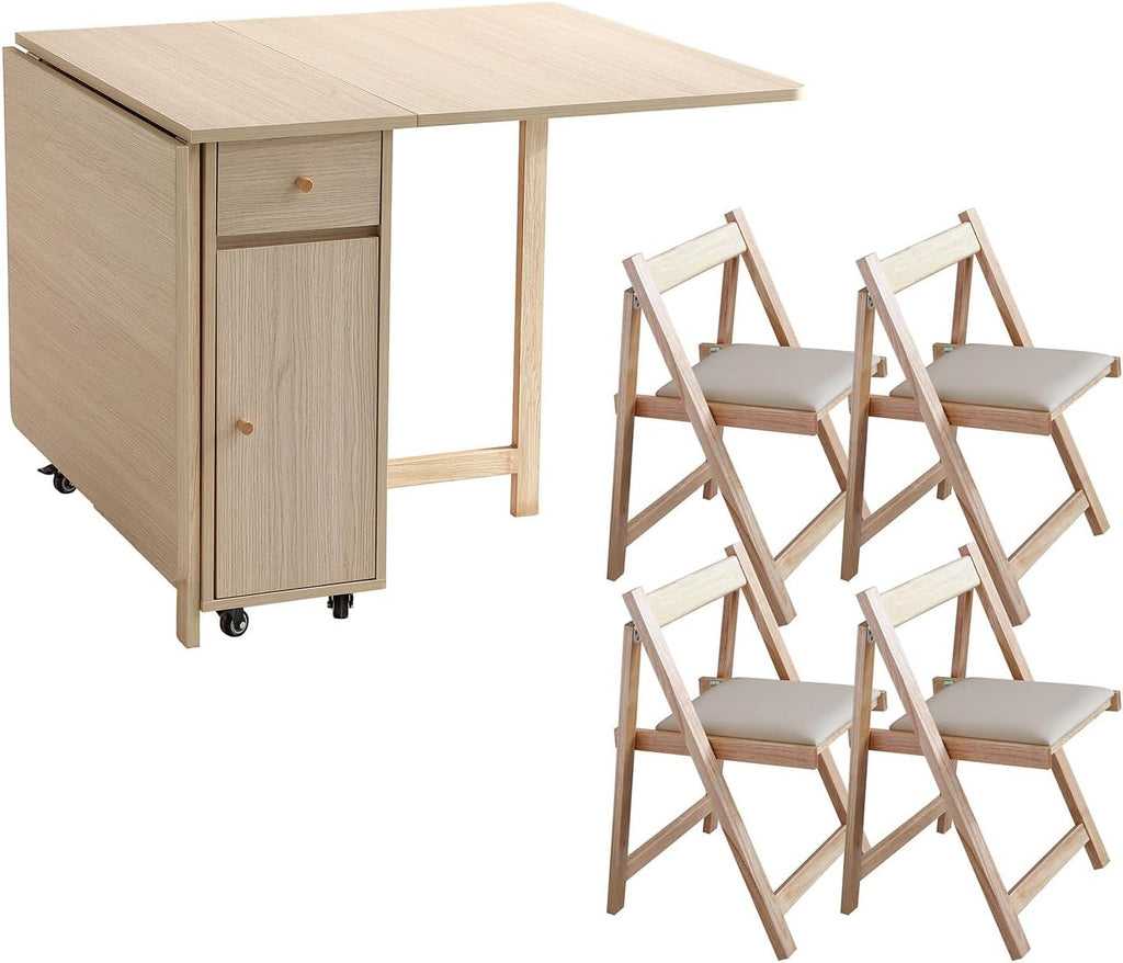 COMUHOME Wood Drop Leaf Folding Dining Table with 2 Drawers and 4 Wheels, Wooden Padded Dining Chairs Set of 4, Space Saving Dining Table with 4 Chairs for Living Room Kitchen Farmhouse
