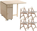 COMUHOME Wood Drop Leaf Folding Dining Table with 2 Drawers and 4 Wheels, Wooden Padded Dining Chairs Set of 4, Space Saving Dining Table with 4 Chairs for Living Room Kitchen Farmhouse
