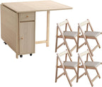 COMUHOME Wood Drop Leaf Folding Dining Table with 2 Drawers and 4 Wheels, Wooden Padded Dining Chairs Set of 4, Space Saving Dining Table with 4 Chairs for Living Room Kitchen Farmhouse