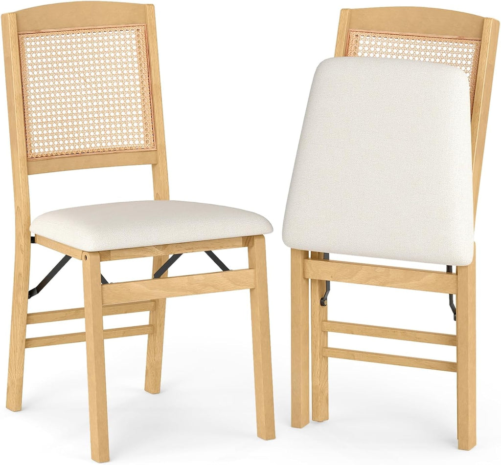 KOTEK Folding Dining Chairs Set of 2, Wooden Kitchen Chairs with Padded Seat & Rattan Backrest, Foldable Armless Side Chairs for Dining Room, Living Room (Natural & Beige)