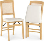 KOTEK Folding Dining Chairs Set of 2, Wooden Kitchen Chairs with Padded Seat & Rattan Backrest, Foldable Armless Side Chairs for Dining Room, Living Room (Natural & Beige)