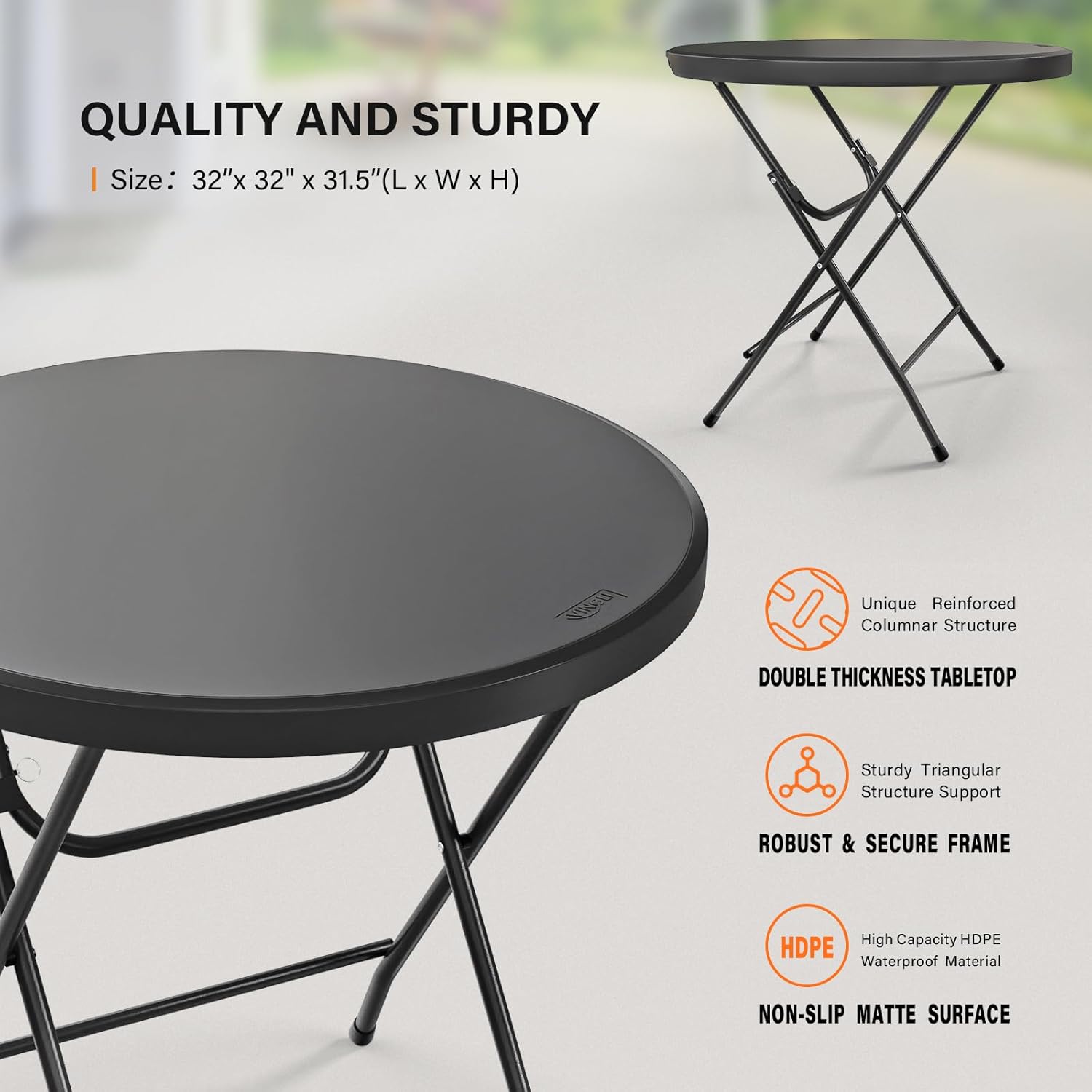 VINGLI 32" Round Folding Commercial Banquet Table, Portable Plastic Coffee Card Dining Table for Kitchen or Outdoor Party Wedding Event, 1 Pack, Black
