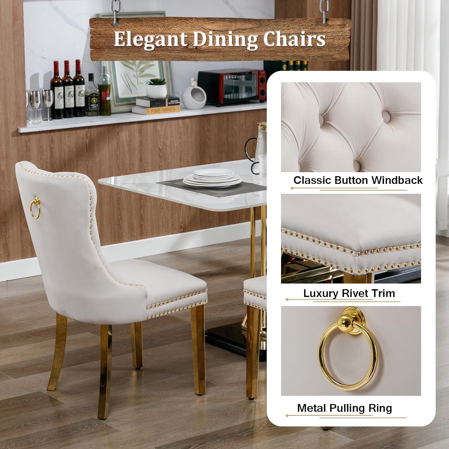 Round Glass Dining Room Table Set for 6, 7-Piece Dining Table Set with 47.2" Circle Gold Glass Dinner Table & 6 Beige Velvet Tufted Chairs, Modern Kitchen Table Set for Apartment Home Office