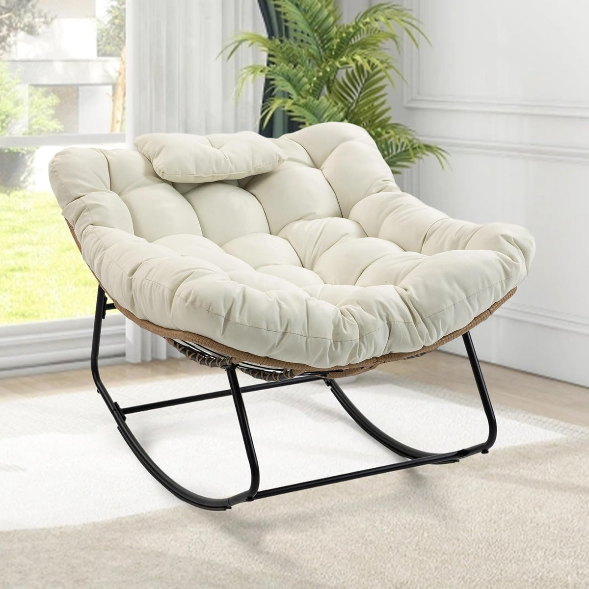 Outdoor Rocking Chair, Oversized Papasan Rocker w/Thick Cushion & Pillow, Indoor Wicker Egg Chairs for Patio Porch Balcony Deck Garden Poolside, Beige