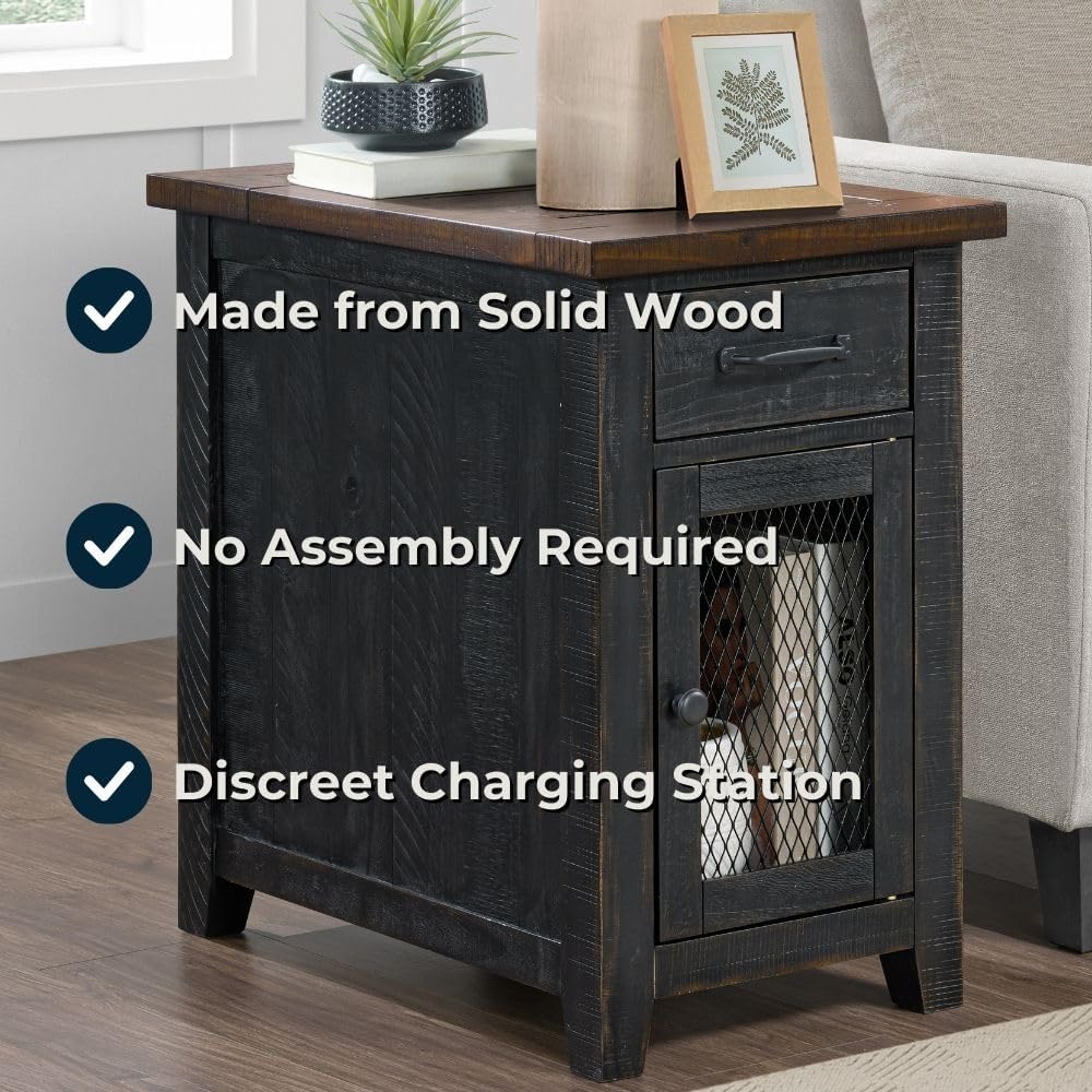 Martin Svensson Home Solid Wood Black and Brown Rustic Chairside End Table with Power and Storage