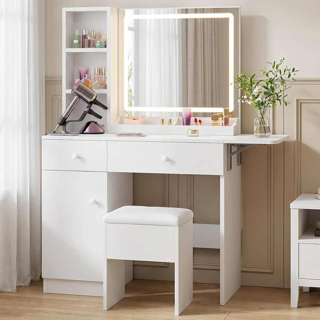 FUXA Vanity Desk with Lighted Mirror, Charging Station and Chair, White | Storage Drawers, Cabinet, Shelves, 3 Light Modes, Foldable Top, Easy-Clean, for Bedroom