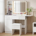 FUXA Vanity Desk with Lighted Mirror, Charging Station and Chair, White | Storage Drawers, Cabinet, Shelves, 3 Light Modes, Foldable Top, Easy-Clean, for Bedroom