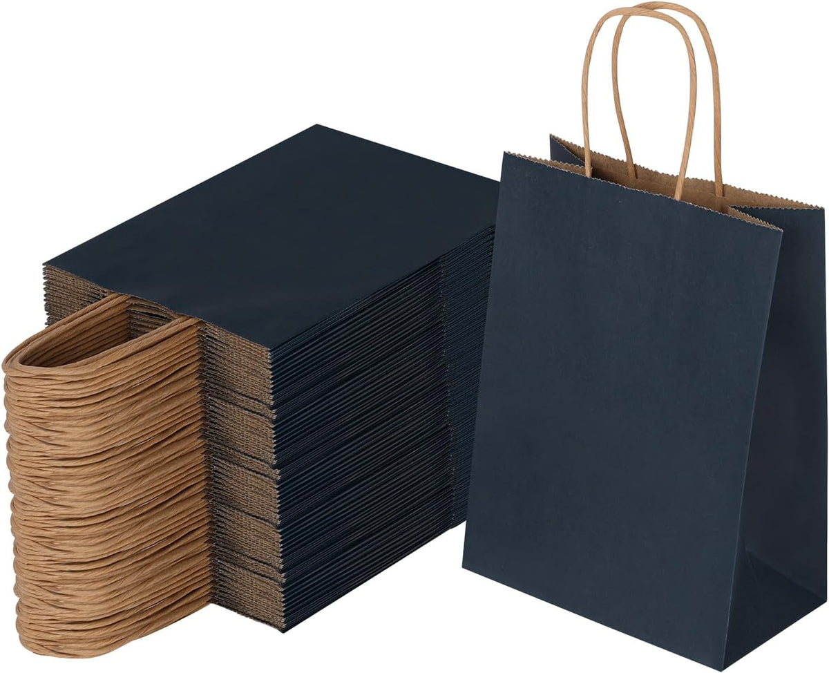 Joybe 100 Pack 5.95x3.25x8 Inch Small Navy Blue Paper Bags with Handles Bulk, Kraft Paper Gift Bags for Birthday Party Favors Grocery Retail Shopping Business Goody Merchandise Craft Blank Sacks