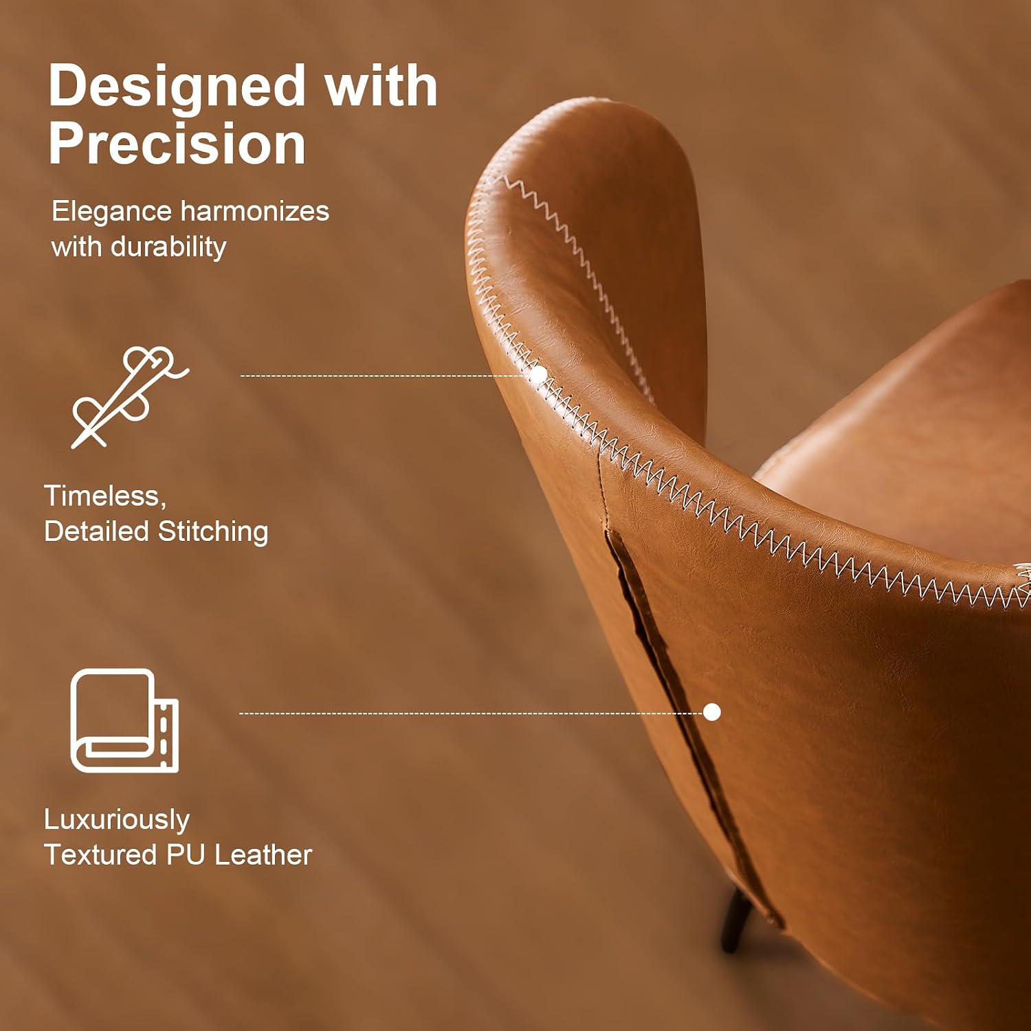 Dining Chairs Set of 2, Upholstered Synthetic Leather Kitchen Chairs, Mid-Century Modern Dining Room Chairs with Thick Cushion, Stitching Backrest and Metal Legs, Brown