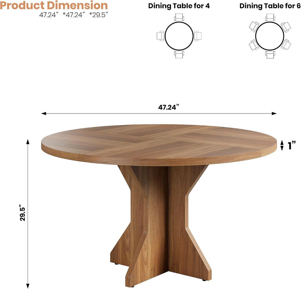 Garvee Round Dining Table for 4-6 People - 47" Circle Kitchen Dinner Table with Sturdy Pedestal Base, Small Spaces Dinning Room Furniture for Living Room, Kitchen, Apartment, Brown