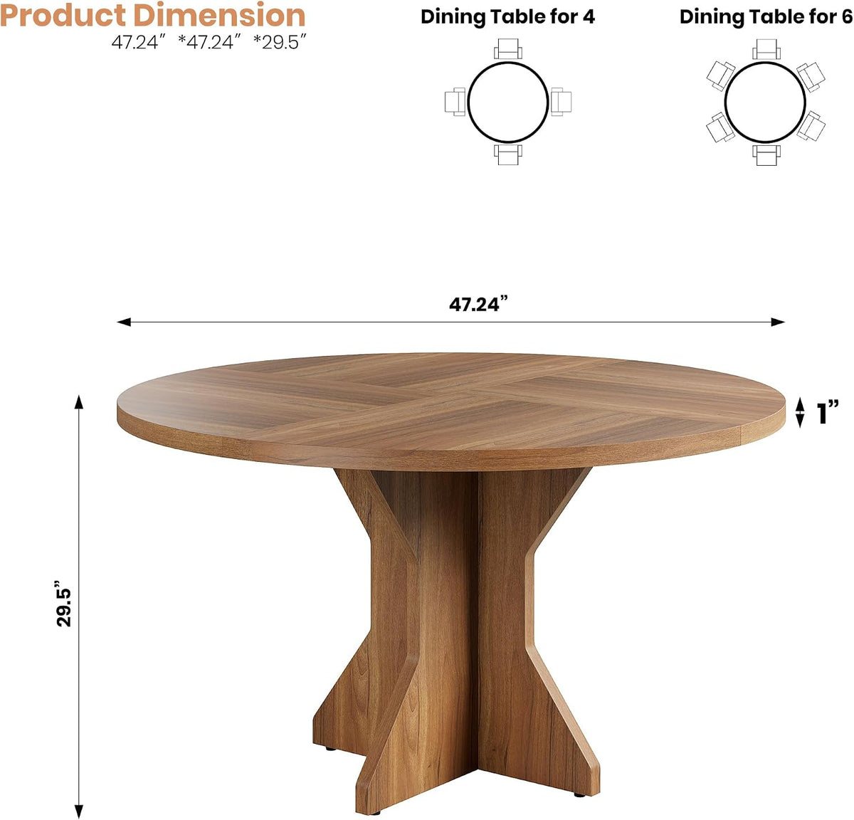 Garvee Round Dining Table for 4-6 People - 47" Circle Kitchen Dinner Table with Sturdy Pedestal Base, Small Spaces Dinning Room Furniture for Living Room, Kitchen, Apartment, Brown